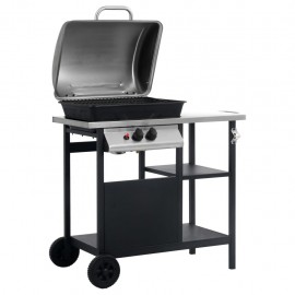 Gas grill with side table on 3 levels black and silver