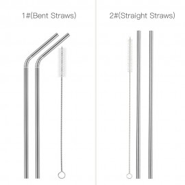 2pcs Stainless Steel Straws Reusable Eco-friendly Straight/Bent Drinking Metal Straws with Cleaning Brush 1#