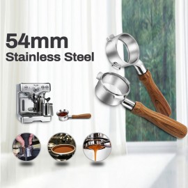 54mm Stainless Steel Coffee Machine Bottomless Filter Holder Portafilter Branch Wooden Handle Professional Coffee Accessory Compatible with Breville 8 Series Coffee Machines
