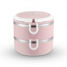 S-0530 Portable Double Layer Stainless Steel Insulated Bento Lunch Box Leak Proof Lunch Box  Stackable Lunch Box with Lid Two-Tier Bento Box (Pink) 1.4L