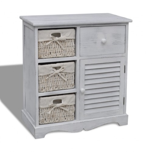 White Wooden Cabinet with 3 Left Weaving Baskets